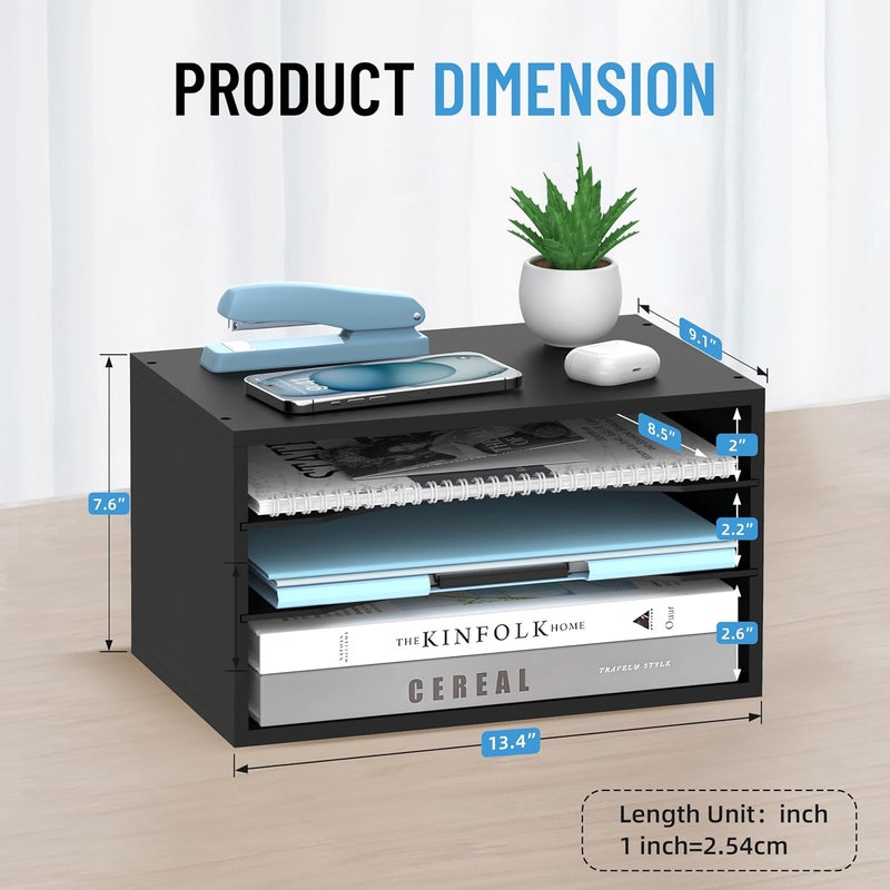 SHARKWOODS Wood Desk Organizer, 3 Tier Paper Tray Organizer for Desk with Adjustable Storage Shelves, Printer Stand Desktop File Organization Paper Sorter Mail Holder for Office Home Classroom, Black - Image 2